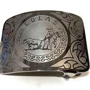 Hand Crafted Western Belt Buckle, Rectangular Shape Cowboy Rodeo Horse and Charro Stainless Steel Belt Buckle, Hebilla Vaquera Colas Charras