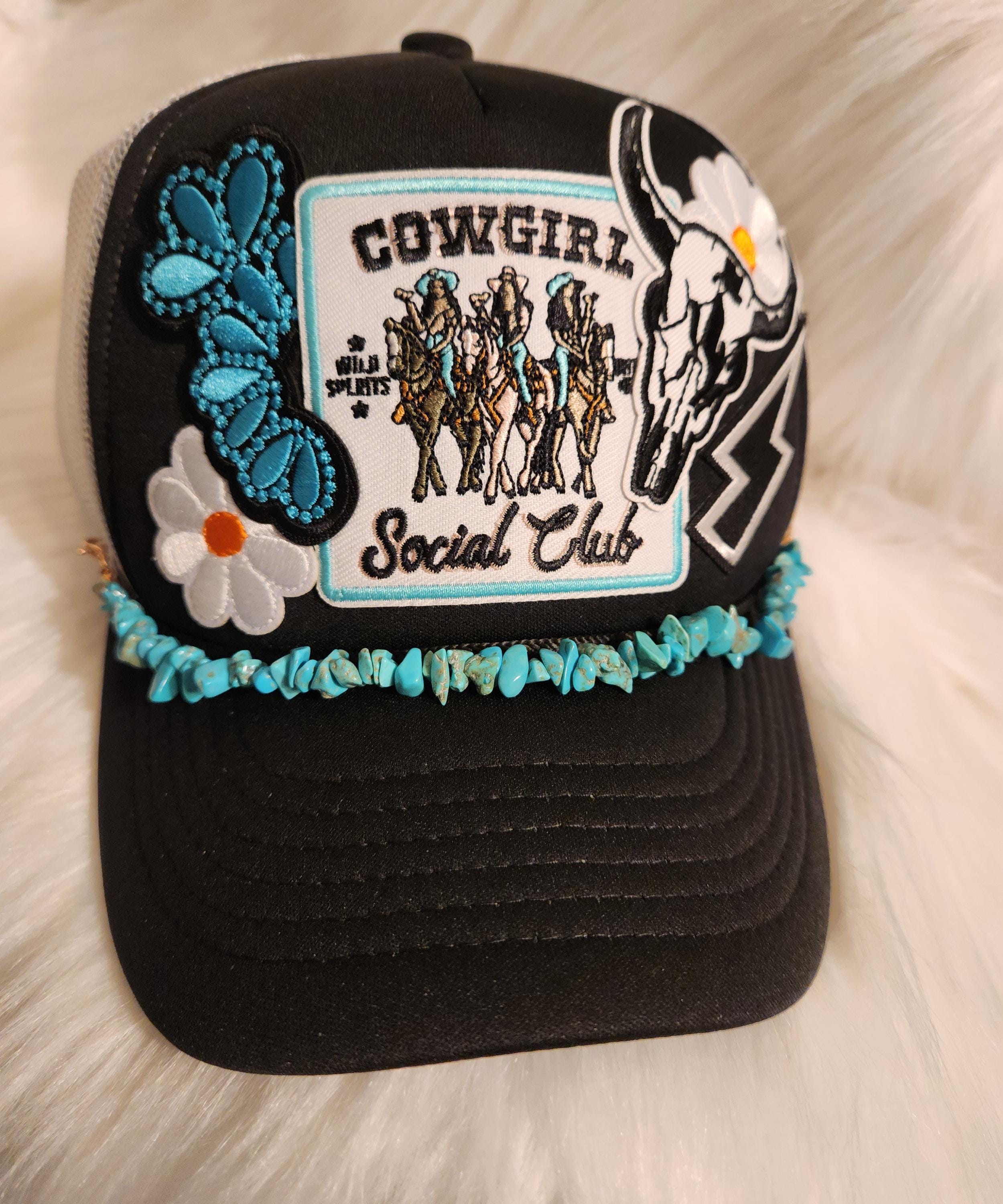 Custom made Trucker Hat! Cowgirl Sunset Turquoise Sequin Star I’m not‎ perfect… Sequin Cowboy Hat With Turquoise Beaded Band and Bronze Star  main image 3