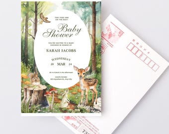 Bambi Forest Baby Shower, Magical Woodland Invitation Template, Enchanted Baby Shower Invitation, Forest Creatures/Flowers, Green and Pastel