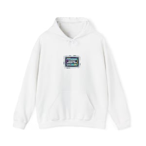 May include: White hooded sweatshirt with a front pocket and a drawstring. It has a small, colourful graphic of a retro computer screen displaying "SYSTEM ERROR 404". The design has a glitch effect.