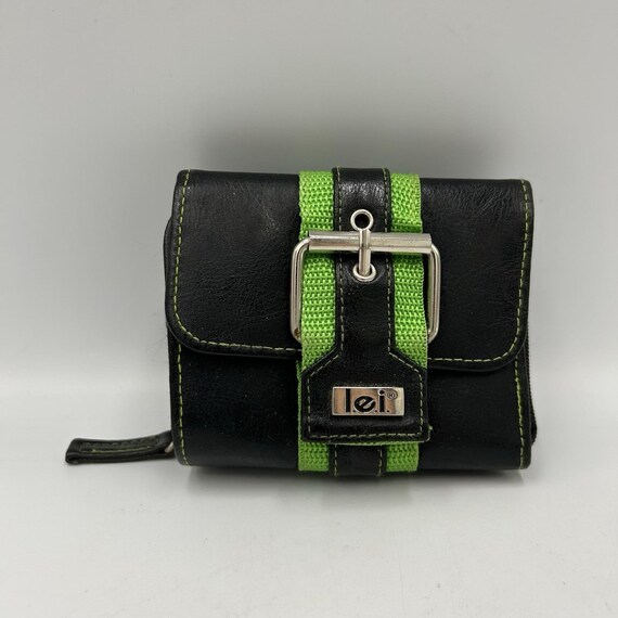 Vintage Wallet Tri-fold Y2K Black Leather Green Stripe