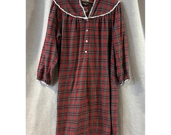 Lanz Of Salzburg Flannel Long Nightgown Granny Red Plaid Lace Trim Size Large