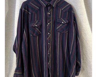 Könnte beinhalten: Ein langärmeliges Button-Down-Hemd mit vertikalen Streifen in Marineblau, Burgunderrot und Beige. Das Hemd hat zwei Brusttaschen mit Klappenverschlüssen und Perlmutt-Druckknöpfen. Es hängt an einem Holzbügel.