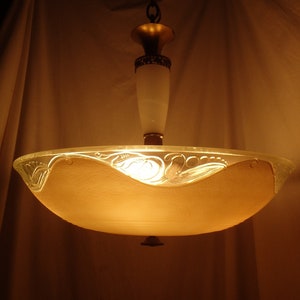 Antique 30s Art Deco Glass Shade 3 way switch Light Fixture Chandelier Original