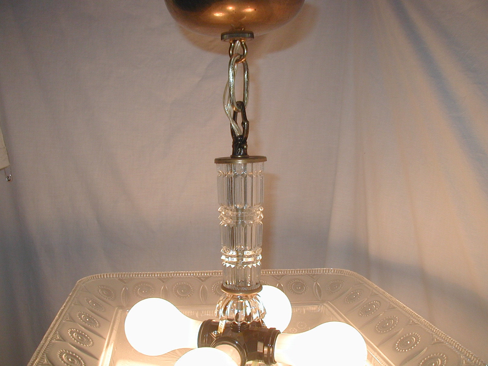 Vintage Antique 30s Art Deco Light Fixture Chandelier large 4 Socket Square Clear White Frosted
