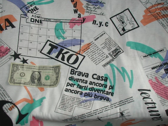 Vtg 1980s Cinema Theater Broadway Theme Stretch Sewing Fabric Green Pink White 2 yd Dated 1985
