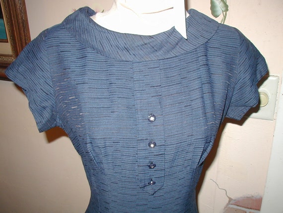 Vintage 40s Fitted blue Rayon Wiggle Pin up girl dress Rhinestone buttons Bust 34