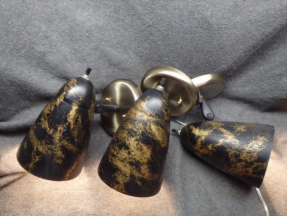 3 Vtg Black Gold Cone Bullet Shade Lamp Wall Sconce Light with switches Atomic MCM 50s