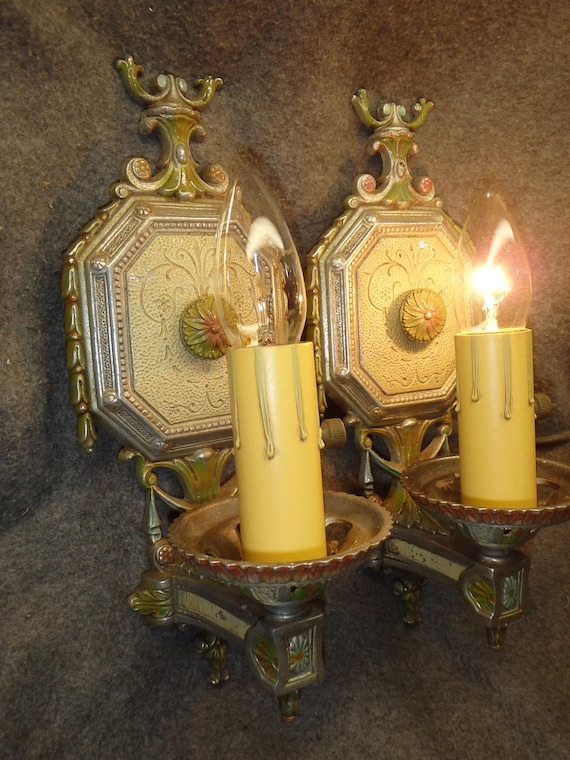Antique Art Deco ISCO wall sconce Light Fixture pair Original Paint rewired with switches