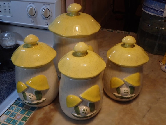 Vintage MCM 70s Yellow Green Kitchen Merry Mushroom Ceramic 4 Canister Set and lids