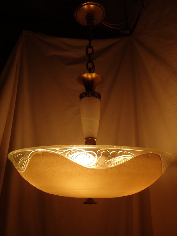 Antique 30s Art Deco Glass Shade 3 way switch Light Fixture Chandelier Original