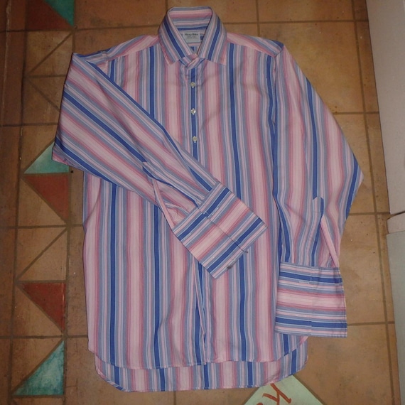 Harvie and Hudson Men's pink blue stripe French cuff dress shirt 17.5 L XL