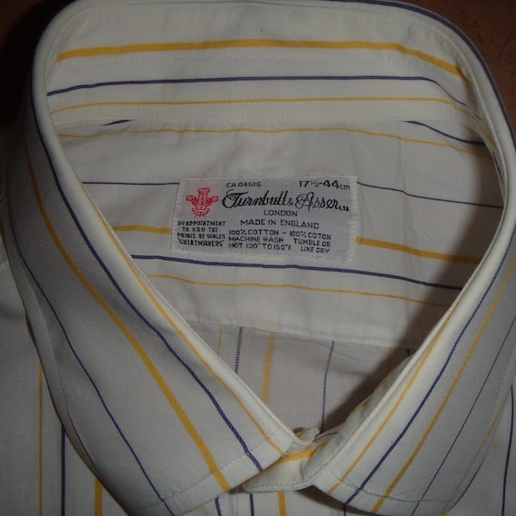 Turnbull & Asser Men's French cuff dress shirt blue white yellow stripe 17.5 L