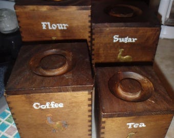 Vintage 60s Gailcraft Japan Wood Canister Set: Mid Century Rooster Kitchen Decor