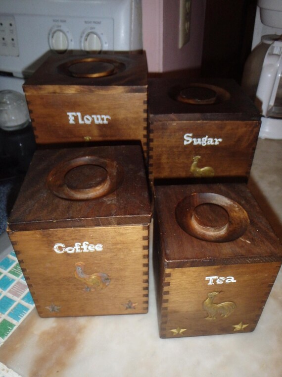 Vintage 60s Wood Mid Century Chicken Rooster 4 Canister Set and lids Kitchen Gailcraft Japan