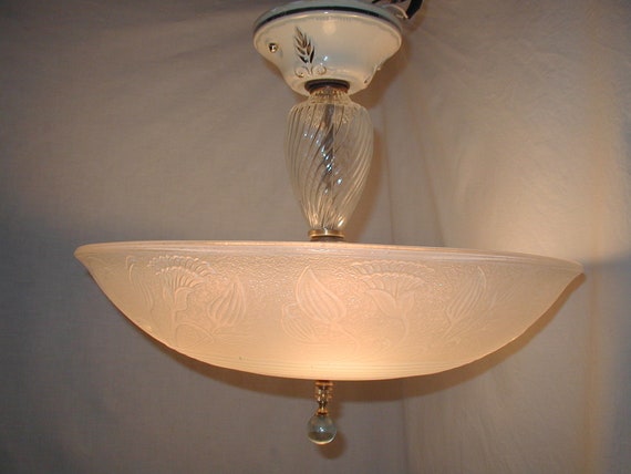 Vintage Antique Art Deco 30's Iridescent white glass shade Light Fixture Chandelier Platinum ceramic canopy