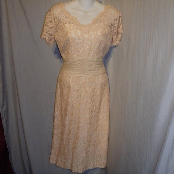 Vintage 60s Ivory Lace Cocktail wiggle dress gown Norman Original Sz small 8