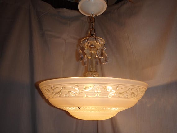 Antique 30s Art Deco Sunflower shade cover 4 light fixture Crystal Glass Chandelier