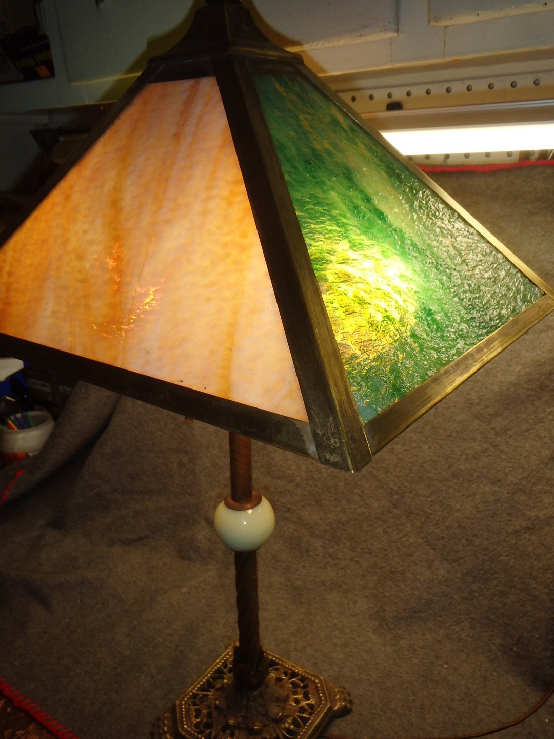Antique 1920s Slag Glass Square Shade Lamp Light Fixture Arts & Crafts ...