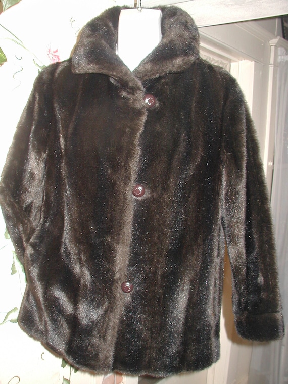 Vintage 60s Faux Brown Mink Vegan Fur swing Pin up girl Car coat Tissavel France Bust 40