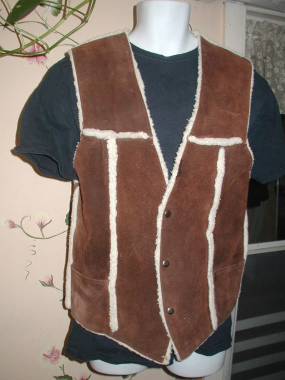 Vintage 70s Mens brown suede Leather and faux shearling Vest Western made in Mexico XL 46