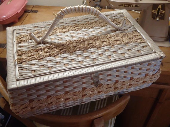 Vintage 60s MCM Large Woven Sewing Basket Box and tray Yellow flower lining Japan
