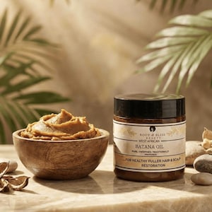 May include: A jar of Batana Oil for hair and scalp restoration, with a wooden bowl of the oil next to it. The jar has a black lid and a label with text. The background includes palm leaves and small stones.