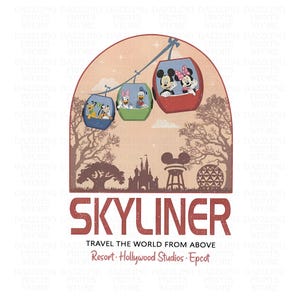 Op de afbeelding: Een vintage-stijl illustratie van de Disney Skyliner-gondelbaan in Walt Disney World. De gondel is gevuld met Mickey Mouse, Minnie Mouse, Donald Duck en Goofy. De afbeelding bevat de tekst "SKYLINER" en "TRAVEL THE WORLD FROM ABOVE Resort - Hollywood Studios - Epcot".
