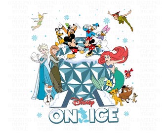 Puede incluir: Una ilustración colorida de personajes de Disney sobre hielo, incluyendo Mickey Mouse, Minnie Mouse, Donald Duck, Goofy, Ariel y Campanita. Los personajes están patinando alrededor de una pista de hielo azul y blanca con un gran copo de nieve azul y blanco en el fondo. El texto "Disney on Ice" está escrito en una fuente grande y blanca en la parte inferior de la imagen.