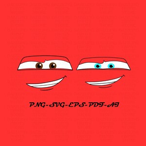 May include: Two cartoon car faces with smiling mouths and closed eyes. The car on the left has brown eyes and the car on the right has blue eyes. The background is red.