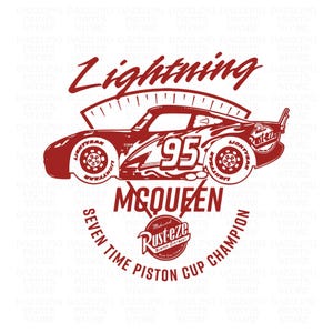 Op de afbeelding: Rode en witte cartoon raceauto met nummer 95 en de woorden "Lightning McQueen" en "Zeven keer Piston Cup kampioen".