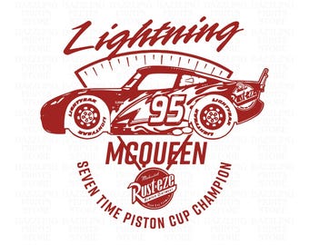 May include: Red and white cartoon race car with the number 95 and the words "Lightning McQueen" and "Seven Time Piston Cup Champion".