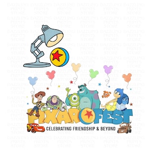 May include: A colorful illustration featuring characters from Pixar movies, including Woody, Buzz Lightyear, Sulley, Mike Wazowski, Dory, and Joy. The characters are arranged around the text "Pixar Fest" with the words "Celebrating Friendship & Beyond" below. The image also includes a lamp with a red ball, Mickey Mouse ears, and stars.