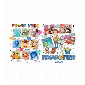 Può includere: Una grafica colorata con vari personaggi Pixar in un collage. Il design include personaggi di film come Toy Story, Alla ricerca di Nemo e Monsters & Co. È presente anche il testo "PIXAR FEST 2024".