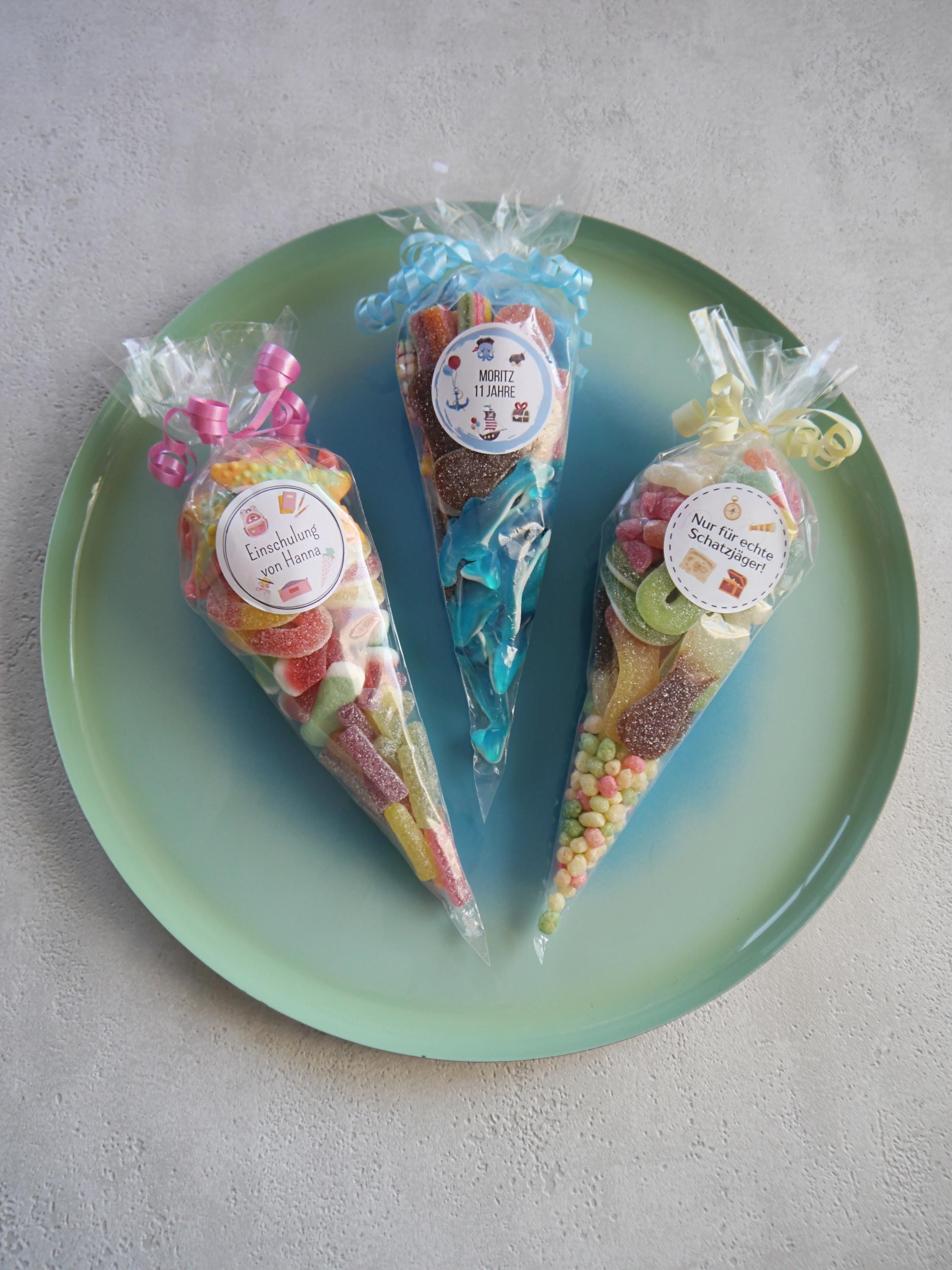 100 Spitztüten Aus Cellophan – 25x13 Cm, Mit 100 Bunten Bändern – Lebensmittelecht, Luftdicht, Für Süßigkeiten, Kekse & Gastgeschenke