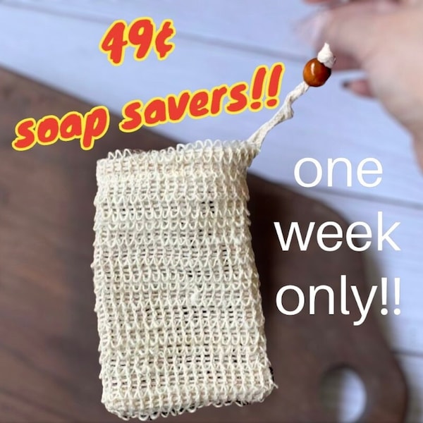 60 count Soap Saver Pouch Sisal Soap Bag with Drawstring and Wooden Bead - approximate size - 3.75" x 5.75"