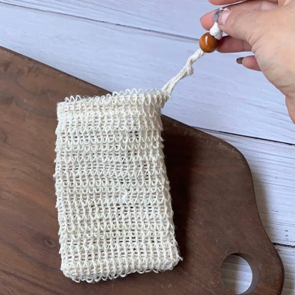 25 count Soap Saver Pouch Sisal Soap Bag with Drawstring and Wooden Bead - approximate size - 3.75" x 5.75"