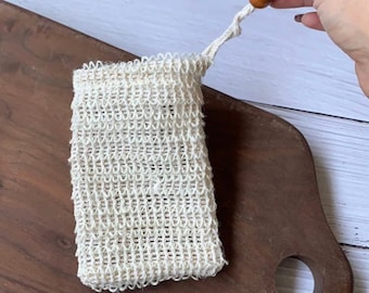 60 count Soap Saver Pouch Sisal Soap Bag with Drawstring and Wooden Bead - approximate size - 3.75" x 5.75"