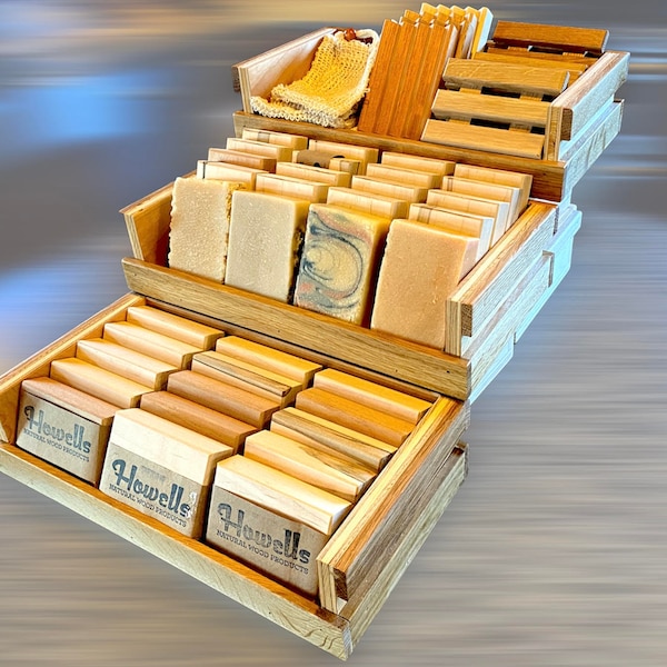 6 Crates plus 6 utility totes Soap Display Stand for farmers market or retail stores - doubles as stackable storage totes