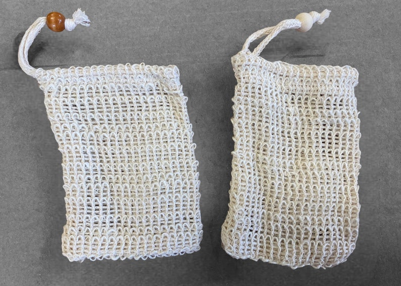 10 count Soap Saver Pouch Sisal Soap Bag with Drawstring and Wooden Bead approximate size 3.75 x 5.75 image 2