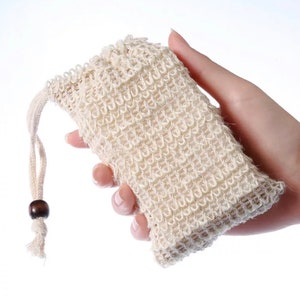 10 count Soap Saver Pouch Sisal Soap Bag with Drawstring and Wooden Bead approximate size 3.75 x 5.75 image 4