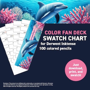 Puede incluir: Una carta de muestra de color imprimible para lápices de colores Derwent Inktense. La carta presenta 100 muestras de color, con cada muestra etiquetada con un número. La carta está diseñada para ser utilizada como una guía de referencia para artistas y artesanos.