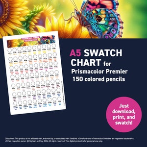 Prismacolor Premier 150 colored pencils – A5 Swatch Chart - Printable A5 PDF - Digital Download