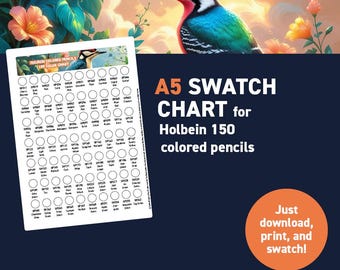 Holbein colored pencils 150 colored pencils – A5 Swatch Chart - Printable A5 PDF - Digital Download