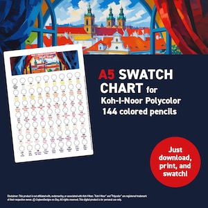 Op de afbeelding: A5-kleurenkaart voor 144 Koh-I-Noor Polycolor kleurpotloden. De kaart is wit met genummerde kleurstalen. De tekst "Just download, print, and swatch!" staat op een rode cirkel. De achtergrond toont een kleurrijk stadsgezicht.