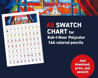 Koh-I-Noor Polycolor 144 colored pencils – A5 Swatch Chart - Printable A5 PDF - Digital Download