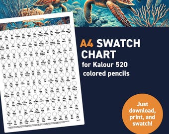 Kalour 520 colored pencils – A4 Swatch Chart - Printable A4 PDF - Digital Download