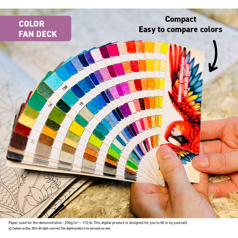 Color fan deck: compact, easy to compare colors. Paper used for the demonstration: 250g/m2, 115 lb.