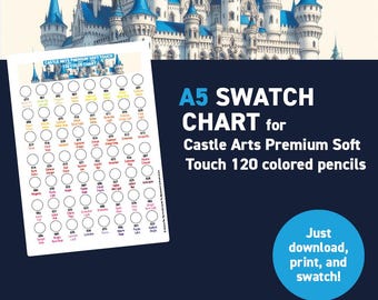 Castle Arts Premium Soft Touch 120 colored pencils – A5 Swatch Chart - Printable A5 PDF - Digital Download