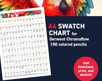 Derwent Chromaflow 150 colored pencils – A4 Swatch Chart - Printable A4 PDF - Digital Download